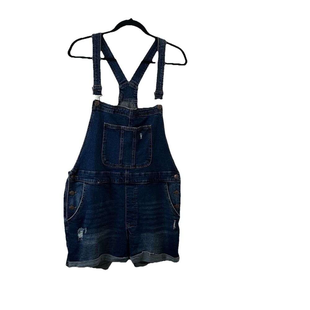 No Boundaries Shortall Womens XXL Blue Denim Bib Overalls Shorts Cuffed Hem